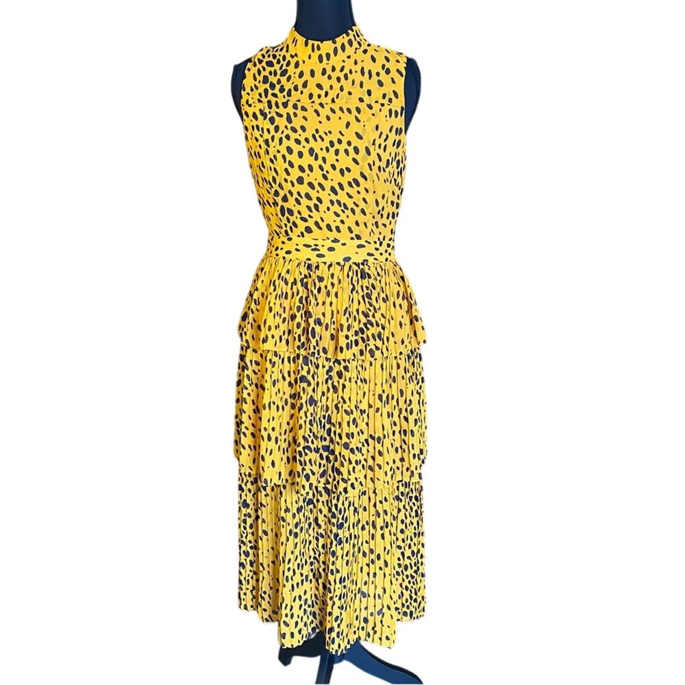 Whistles Yellow Fit and Flare tiered Midi Dress with Mock Neck size 4 artsy